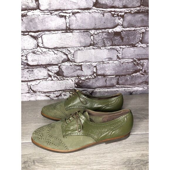 Van Eli Italy Green Suede Leather Wingtip Oxfords Shoes Women’s Sz 7.5M US/38EU - Picture 1 of 16
